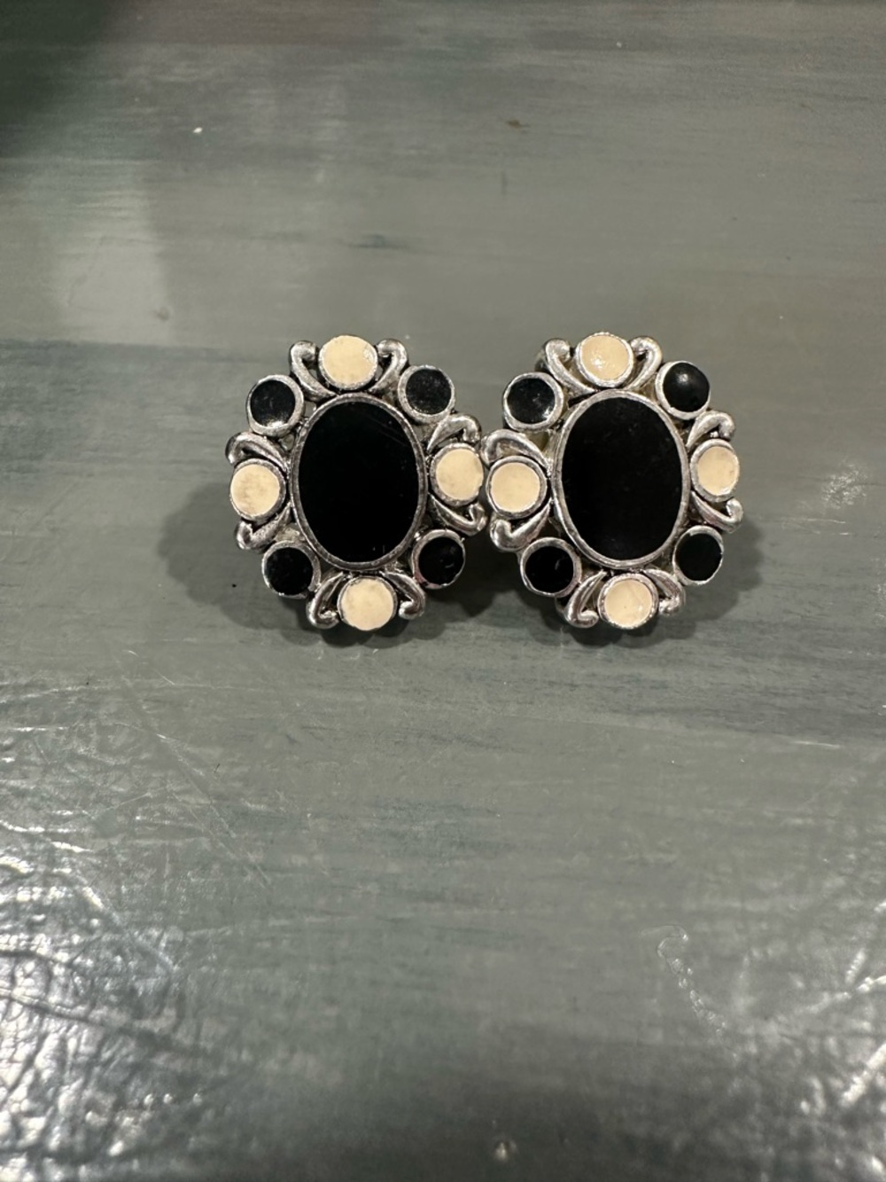 Oval Black and Cream Floral Accent Earrings